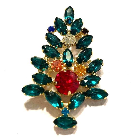 Rhinestone Christmas Tree brooch festive multicolor holiday pin fashion jewelry - Picture 1 of 5